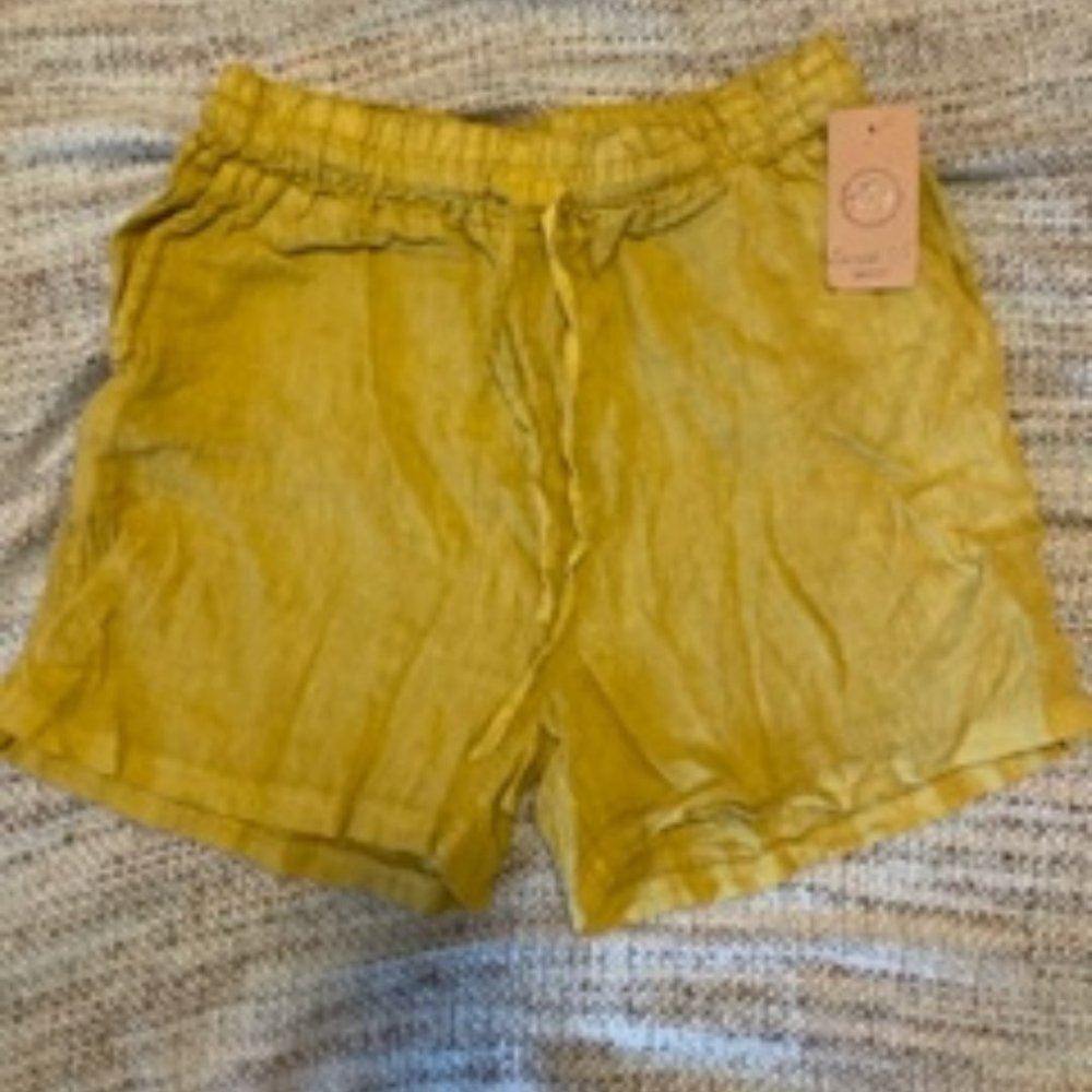 Mustard colored Serena & J Italian Linen drawstring shorts